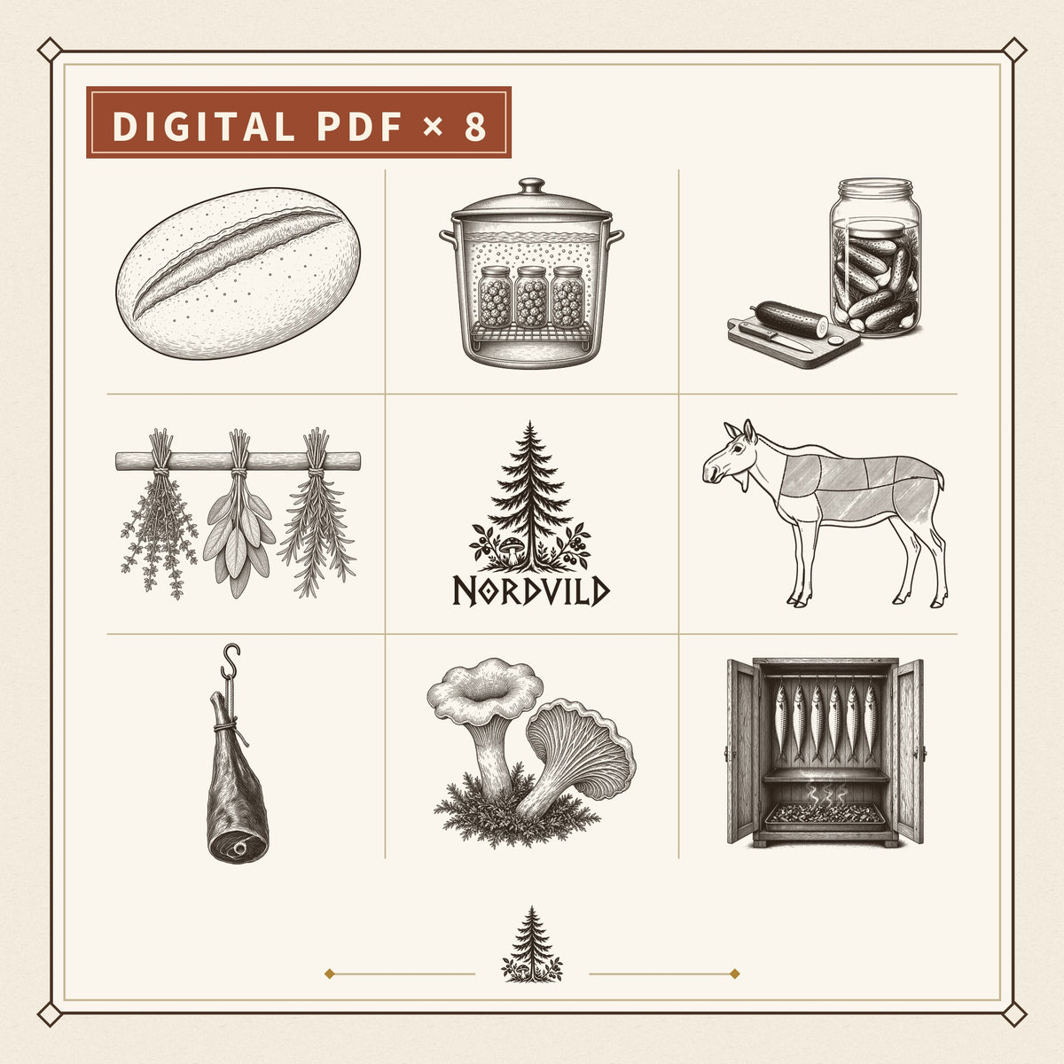 Illustration till Alla 8 guider – NordvildSkafferi PDF-paket